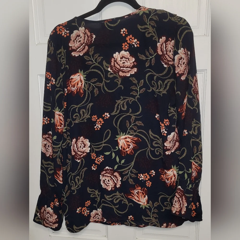Loft Outlet V-Neck Flowy Ruffle Edged Navy Blue Floral Blouse- Size M